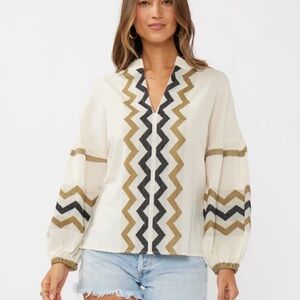 Lovestitch  Mona Jacquard Chevron Patterned Cream Blouse NWT $89